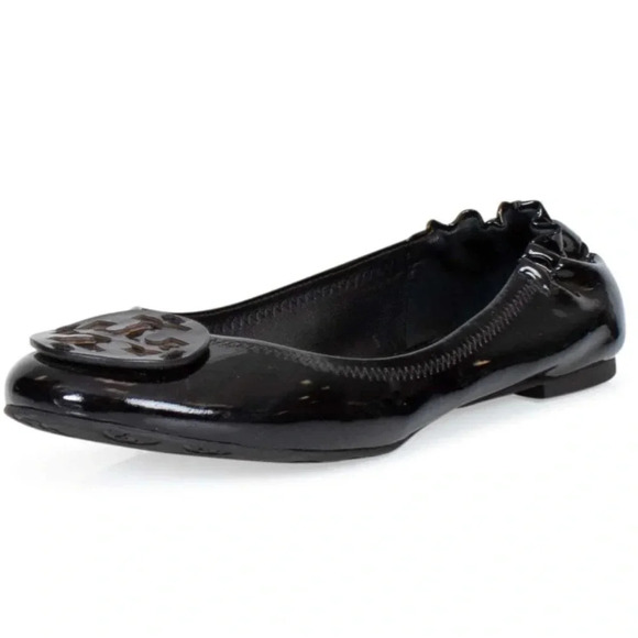 Tory Burch Reva Patent Leather Black Ballet Flats  Applique Logo Round Toe Sz 4 - Picture 1 of 14